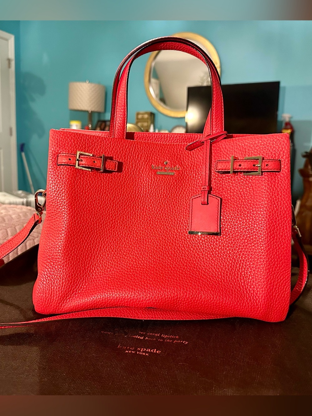 Kate Spade New York Red Pebbled Leather Satchel Crossbody Tote Bag Authentic - Picture 6 of 8